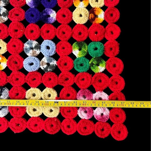 Vintage Afghan Crocheted Blanket Throw Red Rainbow Rings Handmade Retro Granny - Picture 8 of 8